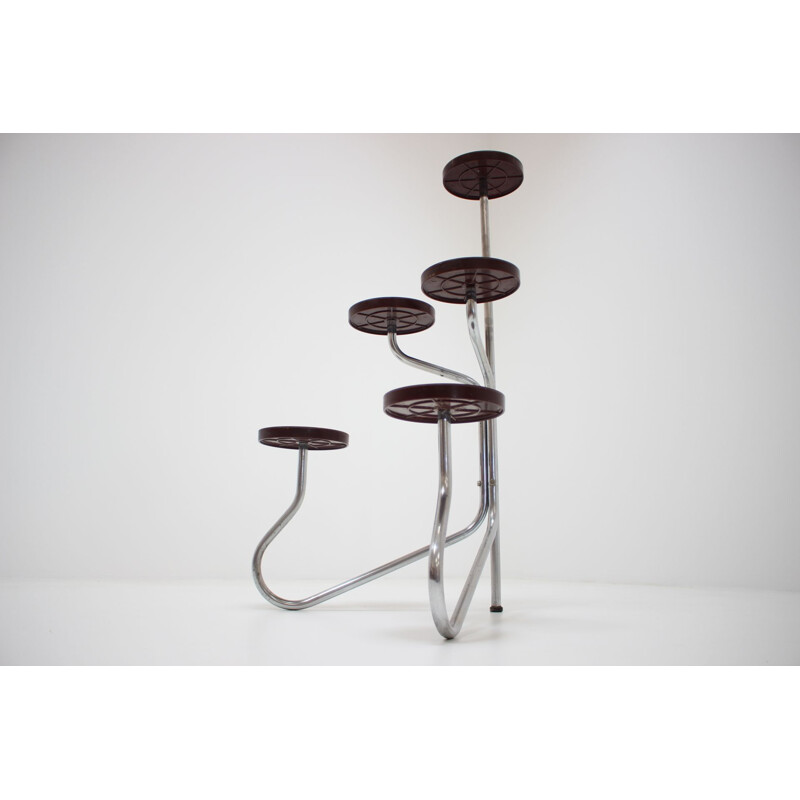 Vintage chrome and wood flower stand, Czechoslovakia 1940