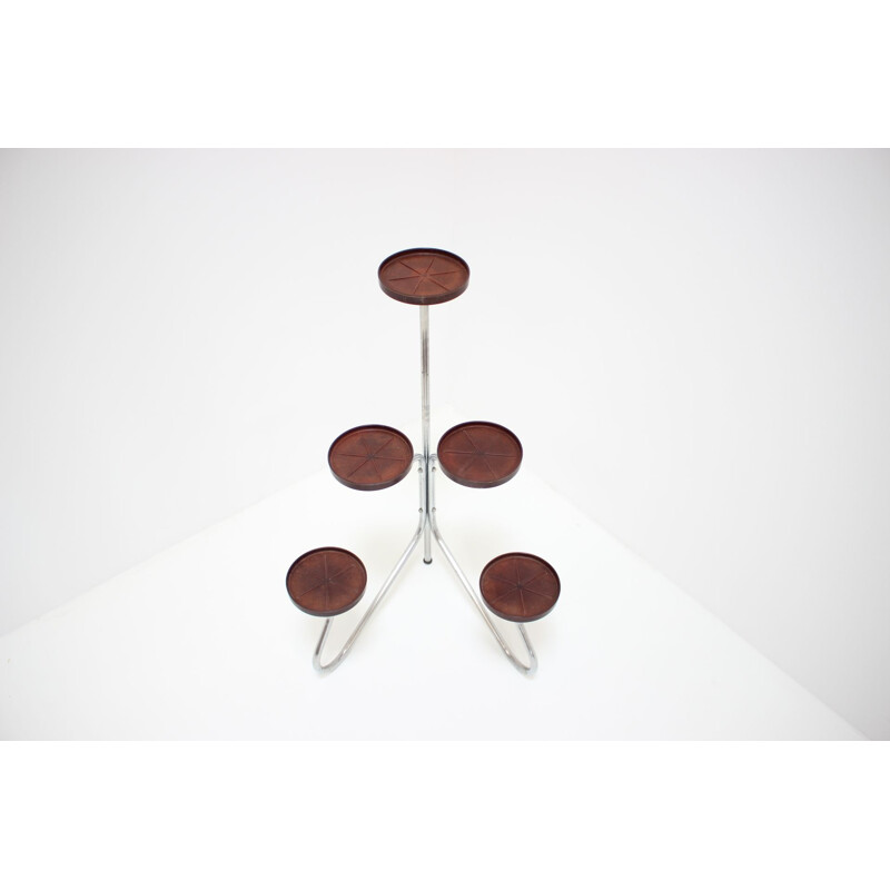 Vintage chrome and wood flower stand, Czechoslovakia 1940