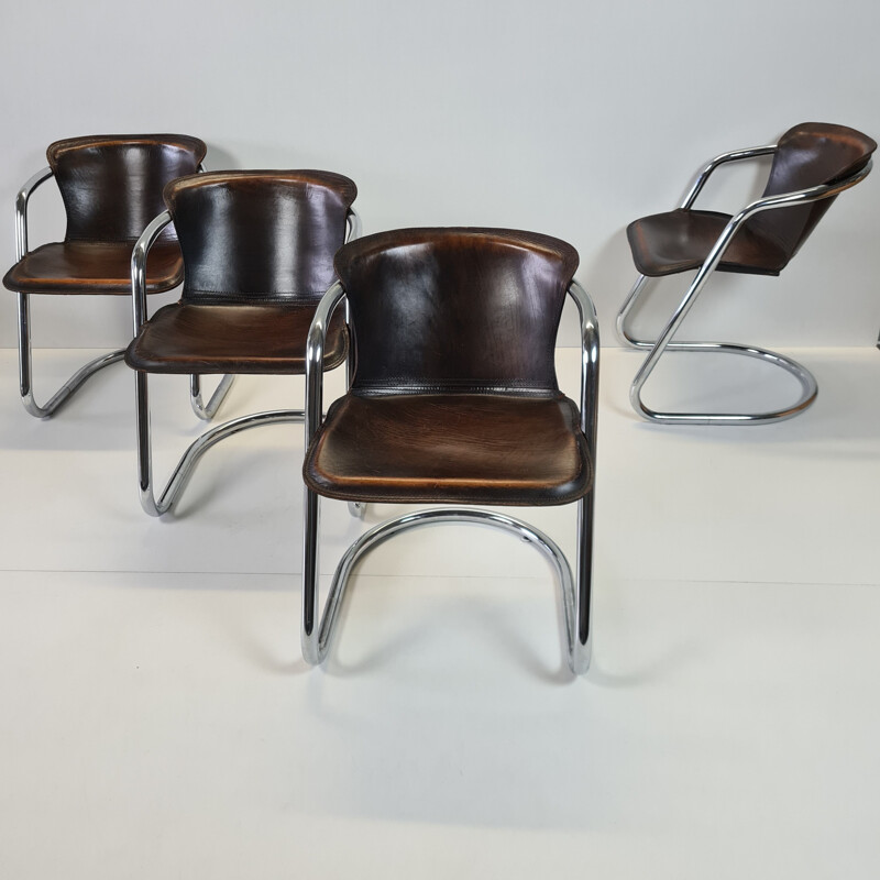 Set of 4 vintage tan leather armchairs by Cidue, 1970s