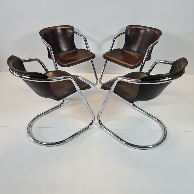 Set of 4 vintage tan leather armchairs by Cidue, 1970s