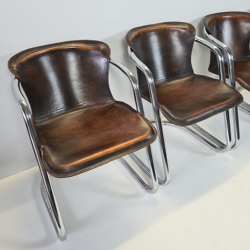 Set of 4 vintage tan leather armchairs by Cidue, 1970s