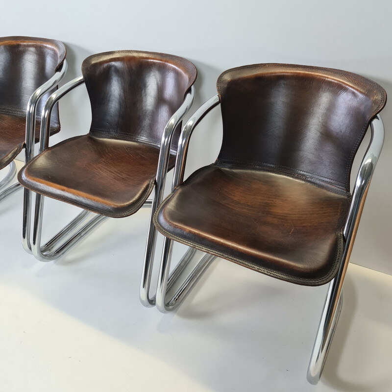 Set of 4 vintage tan leather armchairs by Cidue, 1970s