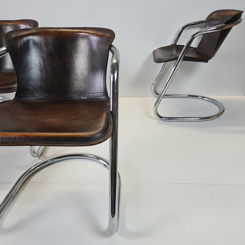 Set of 4 vintage tan leather armchairs by Cidue, 1970s