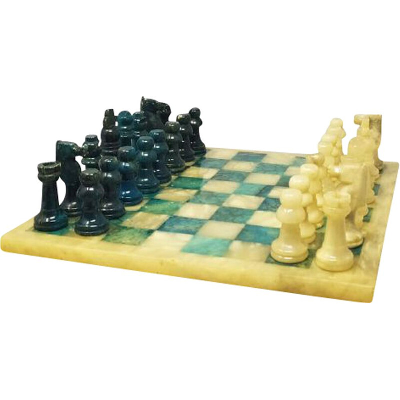 Vintage Blue and Beige Chess Set in Volterra Alabaster Handmade Italian 1960s