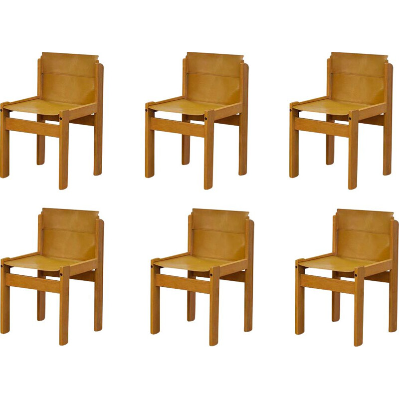 Lot de 6 chaises à bandoulière vintage en cuir de selle d'Ibisco, Italie 1969