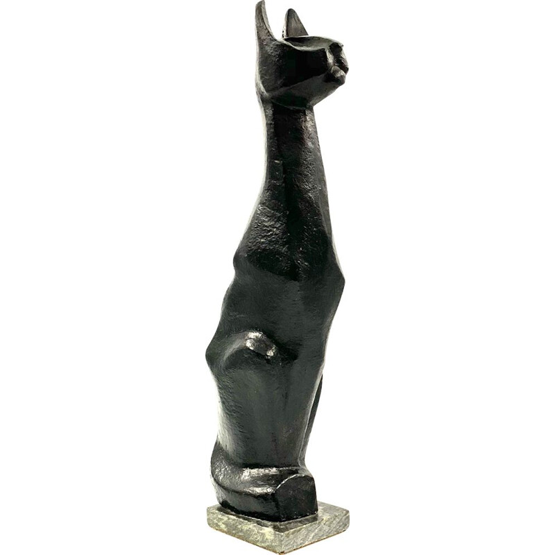 Vintage cubist great Black Cat sculpture, lacquered earthenware, France 1940