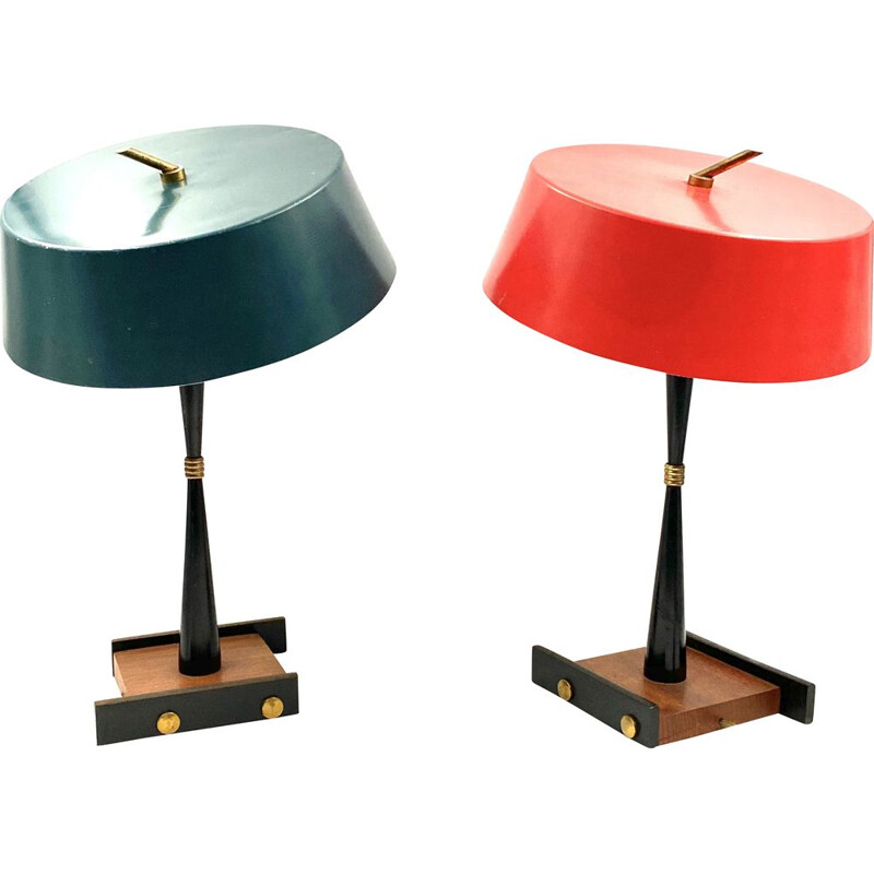 Paire de lampes de table vintage Stilux Milan Bleu pétrole, Rouge vif 1950