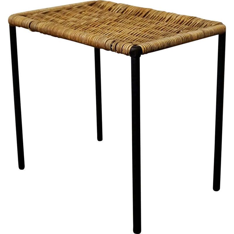 Midcentury Black Steel and Wicker Side Table or Stool by Carl Auböck Austrian 1950