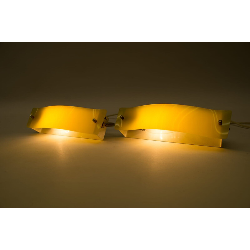 Pair of vintage brass and yellow acrylic wall sconces, 1960