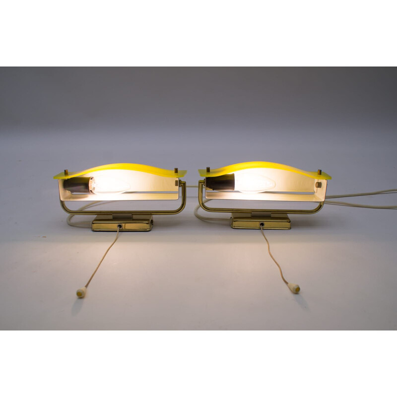Pair of vintage brass and yellow acrylic wall sconces, 1960
