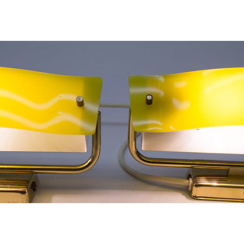 Pair of vintage brass and yellow acrylic wall sconces, 1960