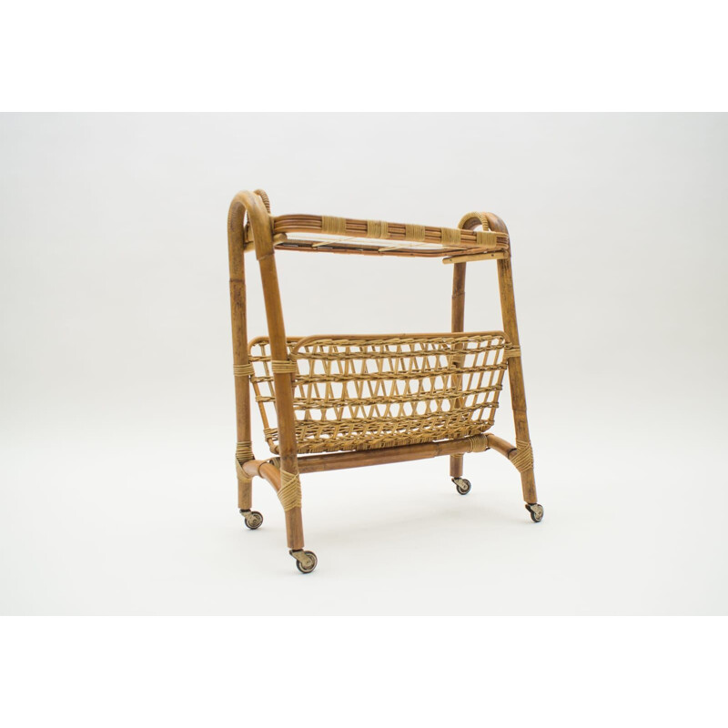 Vintage Bamboo and Rattan Bar Cart Serving Trolley, Italian 1950s