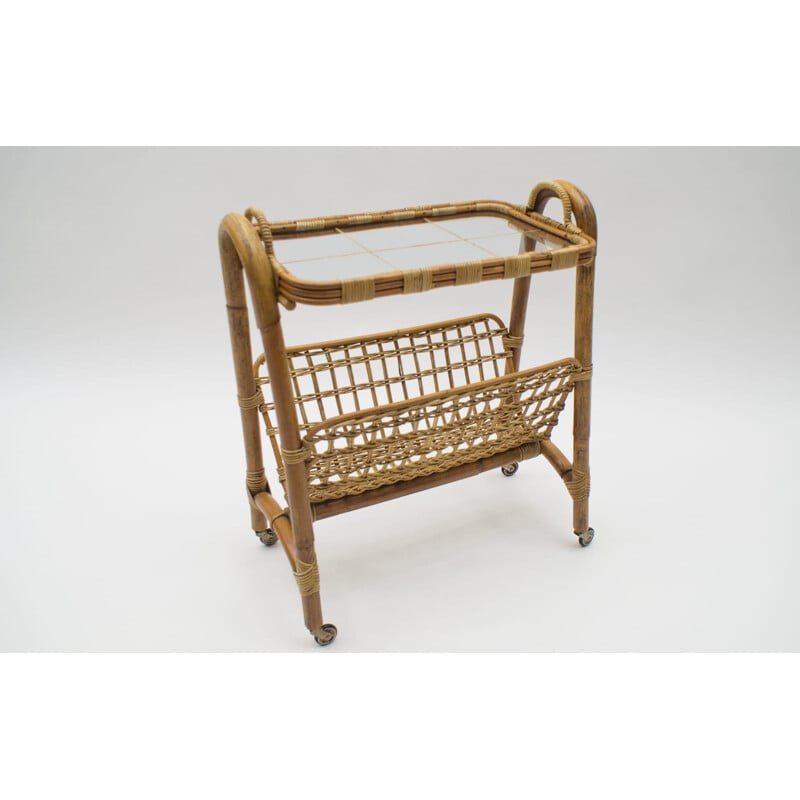 Vintage Bamboo and Rattan Bar Cart Serving Trolley, Italian 1950s