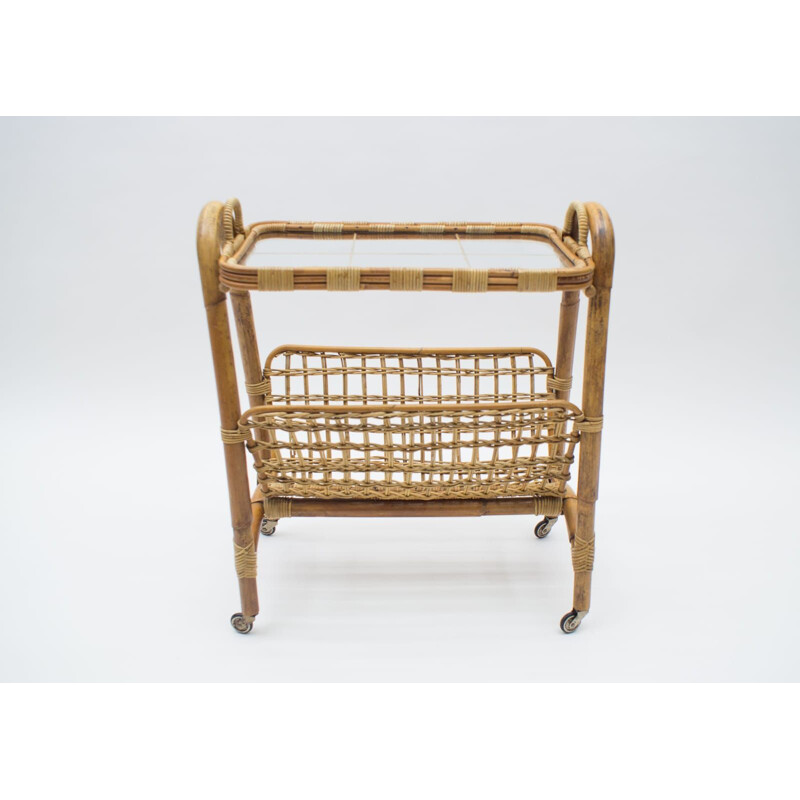 Vintage Bamboo and Rattan Bar Cart Serving Trolley, Italian 1950s