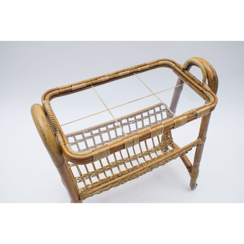 Vintage Bamboo and Rattan Bar Cart Serving Trolley, Italian 1950s