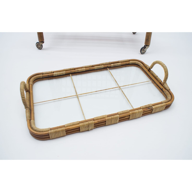 Vintage Bamboo and Rattan Bar Cart Serving Trolley, Italian 1950s