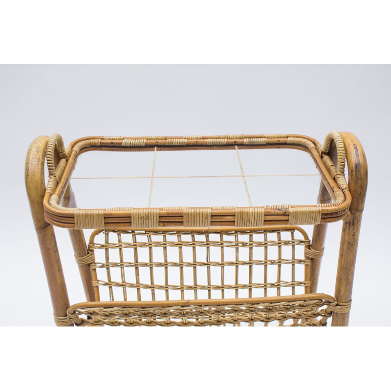 Vintage Bamboo and Rattan Bar Cart Serving Trolley, Italian 1950s