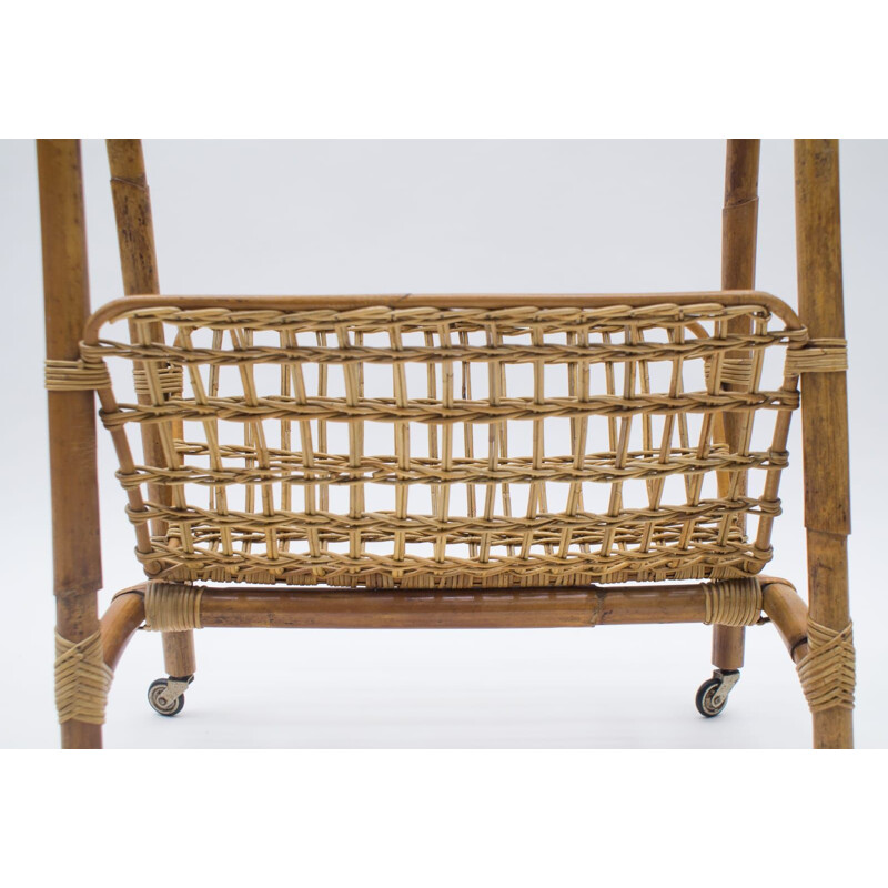 Vintage Bamboo and Rattan Bar Cart Serving Trolley, Italian 1950s