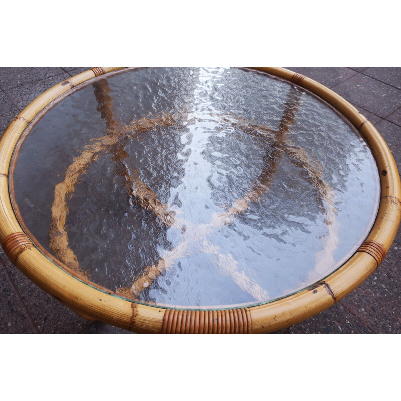 Vintage Circular bamboo and ice glass coffee table, 1960s