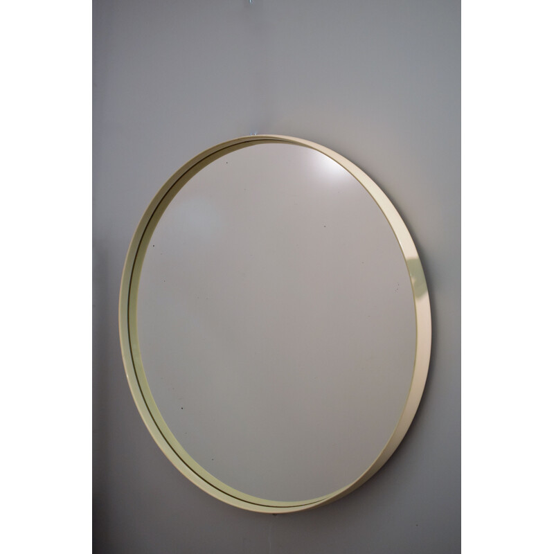 Large round vintage mirror, wood, white Rilsan 1960