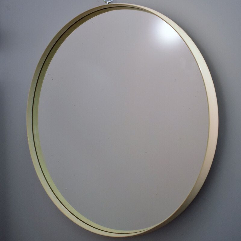 Grand miroir vintage rond, bois, Rilsan blanc 1960