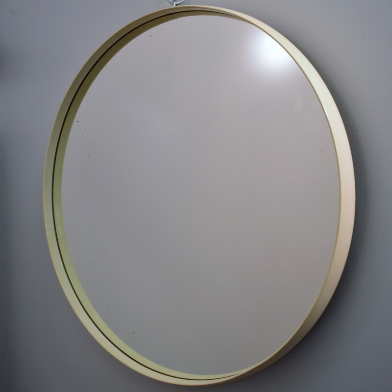 Large round vintage mirror, wood, white Rilsan 1960