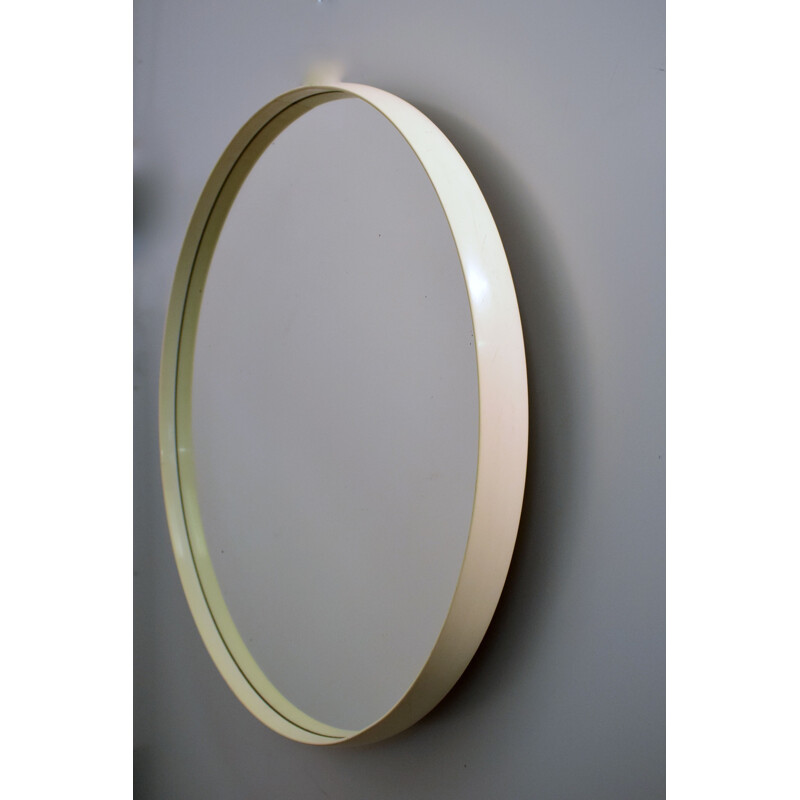 Large round vintage mirror, wood, white Rilsan 1960