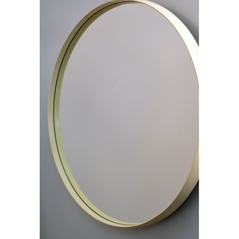 Large round vintage mirror, wood, white Rilsan 1960