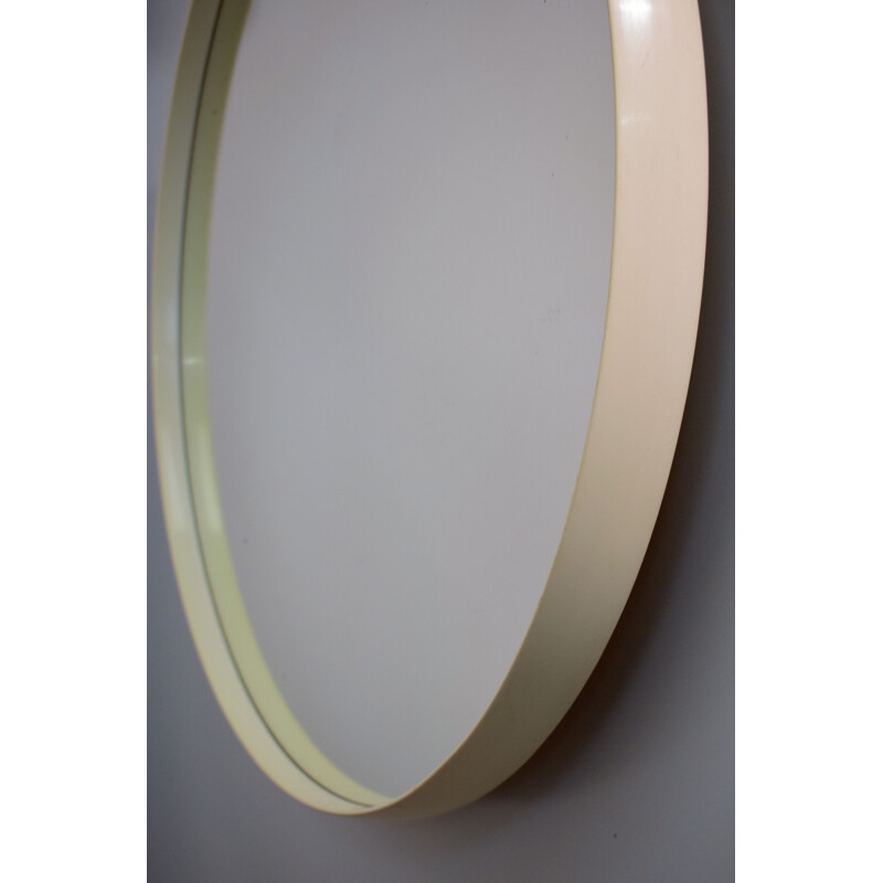 Large round vintage mirror, wood, white Rilsan 1960
