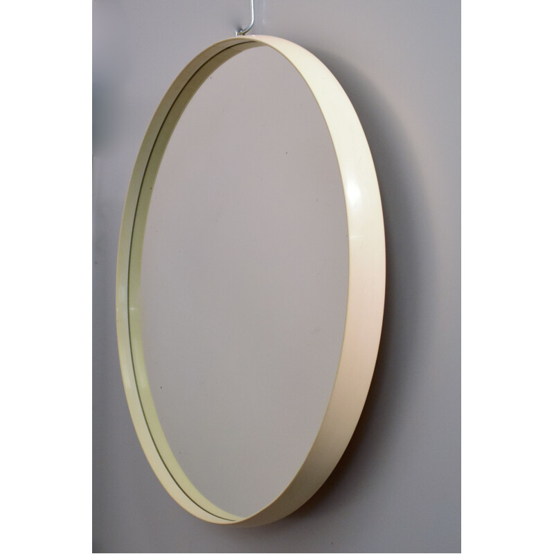 Large round vintage mirror, wood, white Rilsan 1960