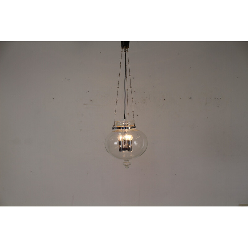 Vintage chrome-plated metal and glass pendant lamp for Glashütte Limburg, Germany 1970