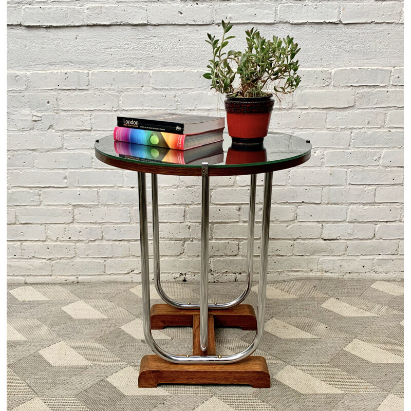 Vintage Round Side Table Chrome and Glass Art Deco