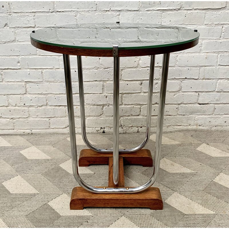 Table ronde vintage en chrome et verre  Art Déco