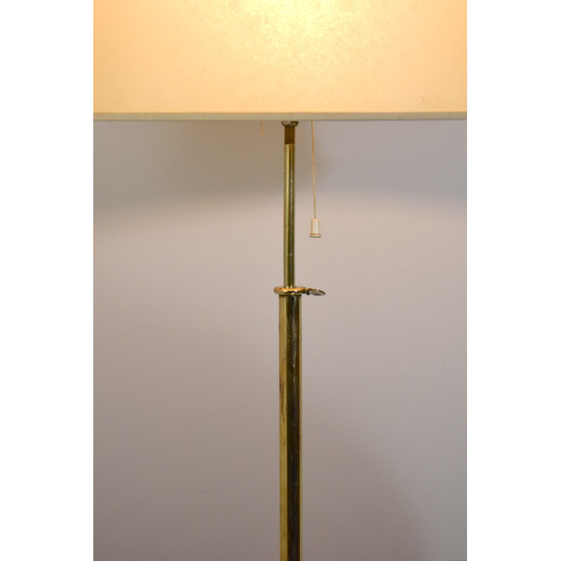 Vintage tripod floor lamp with shelf, wood and brass 1950s