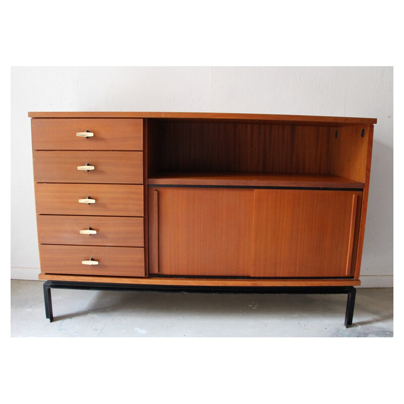 Alveole storage cabinet in teak and metal, Marcel GASCOIN - 1950s