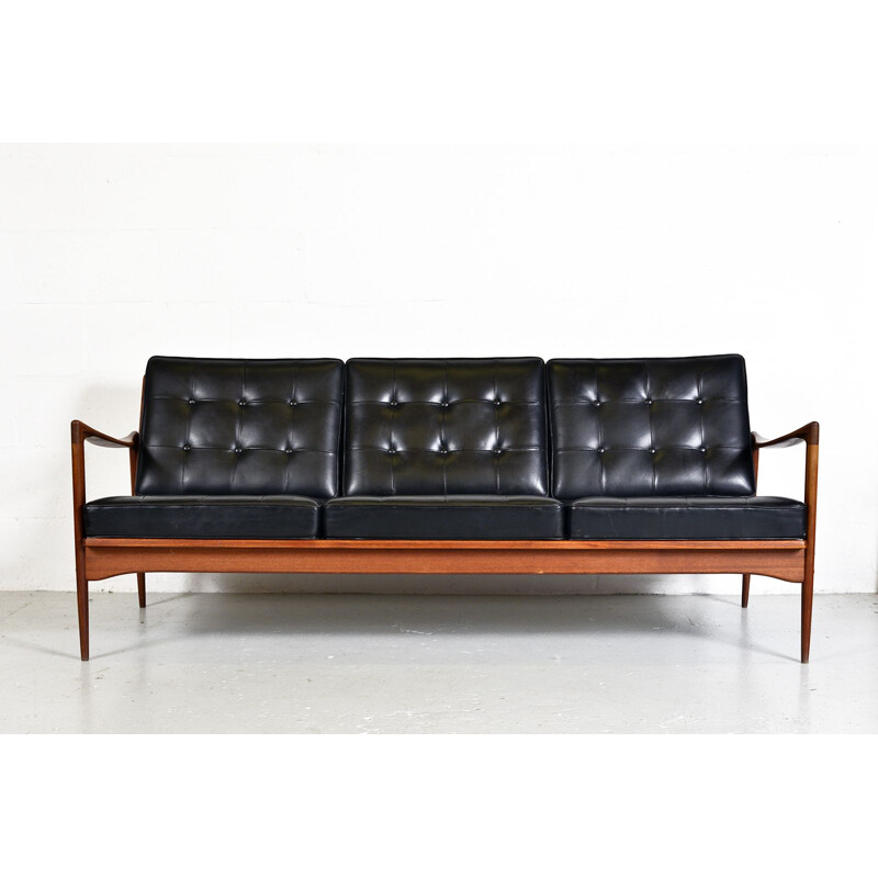 Midcentury Kandidaten Sofa Ib Kofod Larsen OPE Mobler Teak Black Leather Swedish 1960s