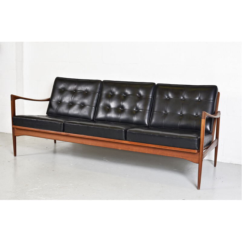 Midcentury Kandidaten Sofa Ib Kofod Larsen OPE Mobler Teak Black Leather Swedish 1960s