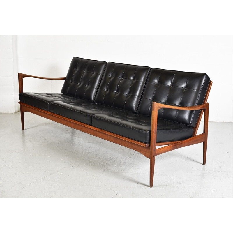 Midcentury Kandidaten Sofa Ib Kofod Larsen OPE Mobler Teak Black Leather Swedish 1960s