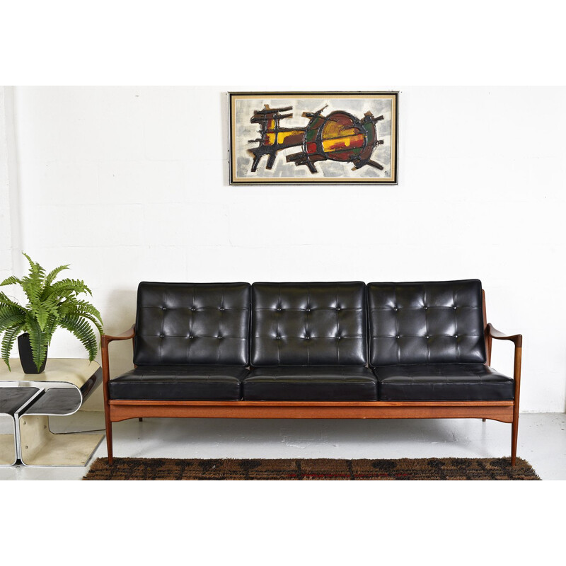 Midcentury Kandidaten Sofa Ib Kofod Larsen OPE Mobler Teak Black Leather Swedish 1960s