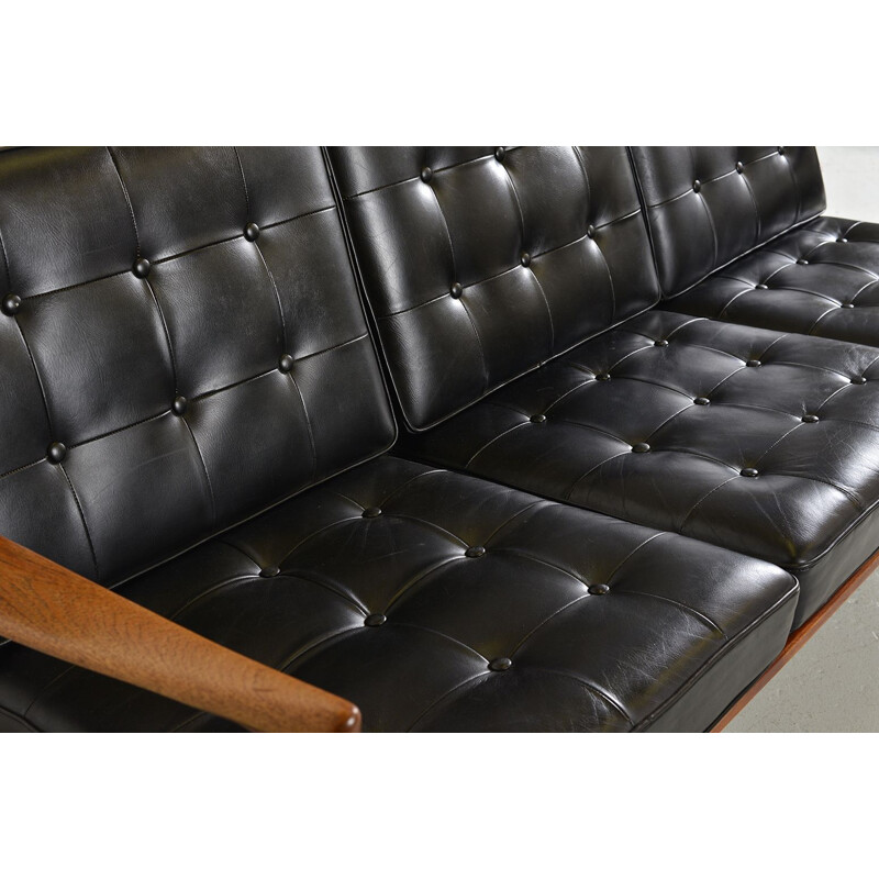 Midcentury Kandidaten Sofa Ib Kofod Larsen OPE Mobler Teak Black Leather Swedish 1960s