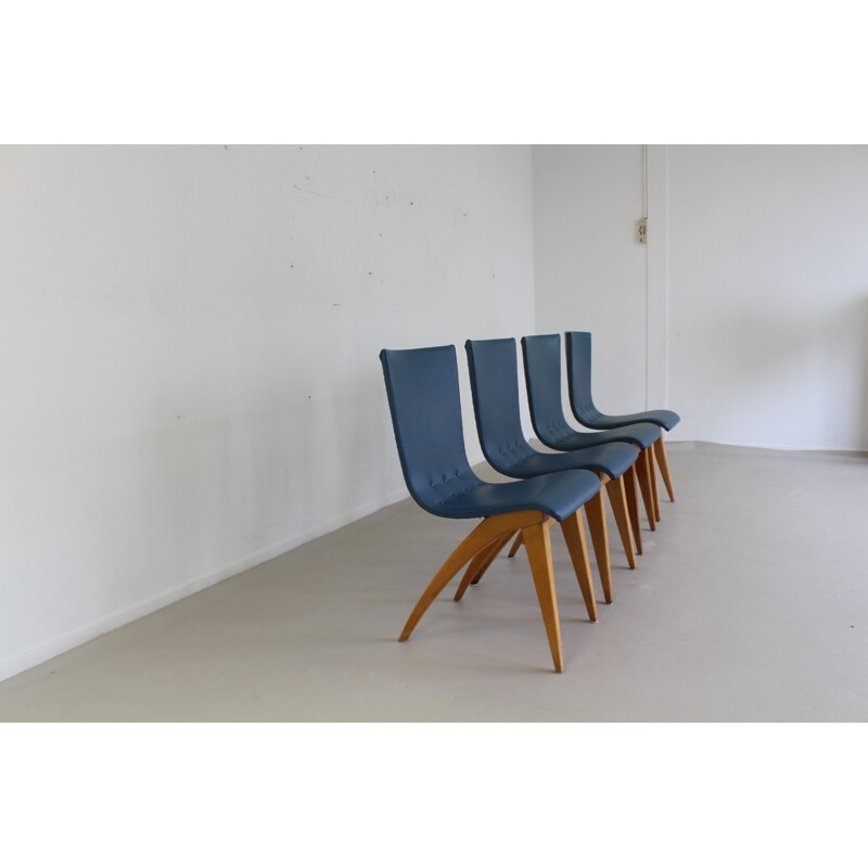 Ensemble de 4 chaises à repas Van Os Culemborg en bois et simili-cuir, G. VAN OS - 1950