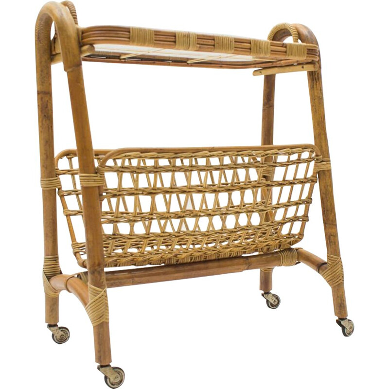 Vintage Bamboo and Rattan Bar Cart Serving Trolley, Italian 1950s