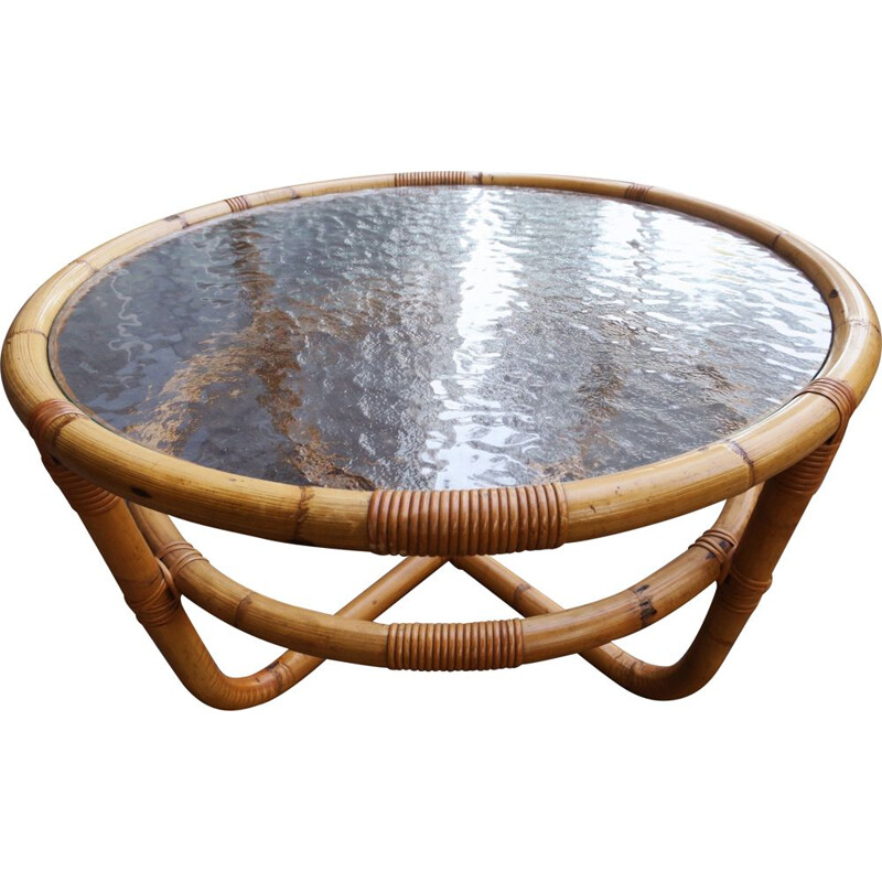 Table basse vintage circulaire en bambou et verre de glace 1960