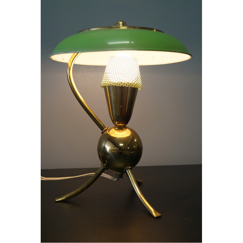 Green table lamp with tripod legs in brass - 1950s