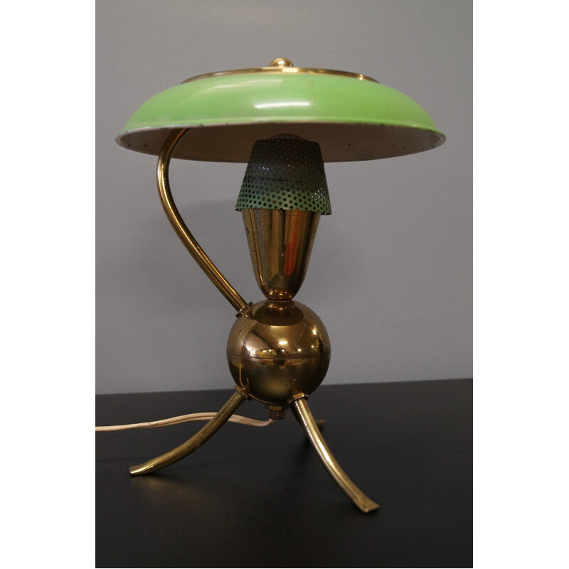 Green table lamp with tripod legs in brass - 1950s