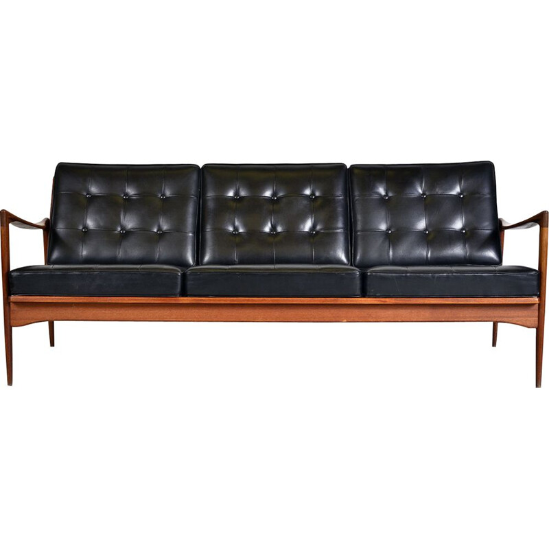 Midcentury Kandidaten Sofa Ib Kofod Larsen OPE Mobler Teak Black Leather Swedish 1960s