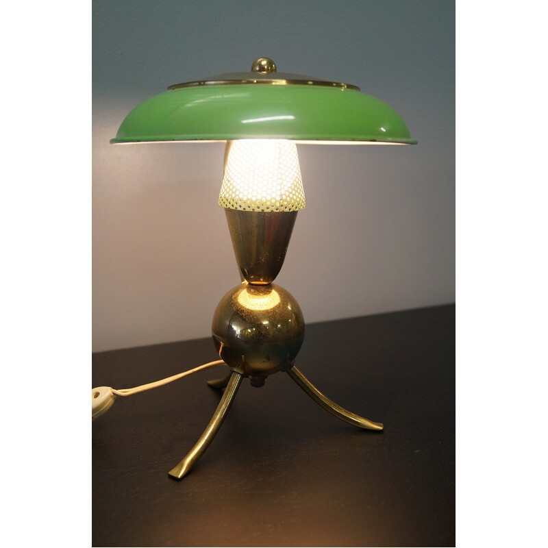 Green table lamp with tripod legs in brass - 1950s