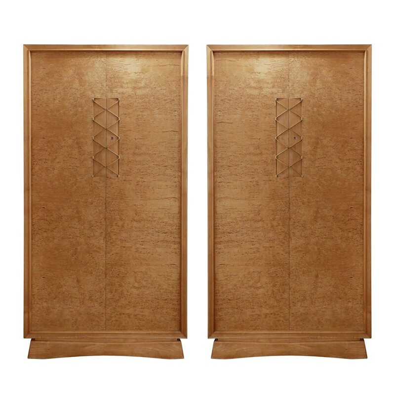 Pair Of Vintage Wardrobes In Wood And Brass Ornaments