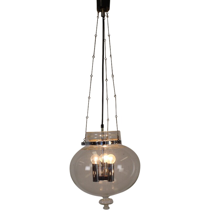 Vintage chrome-plated metal and glass pendant lamp for Glashütte Limburg, Germany 1970