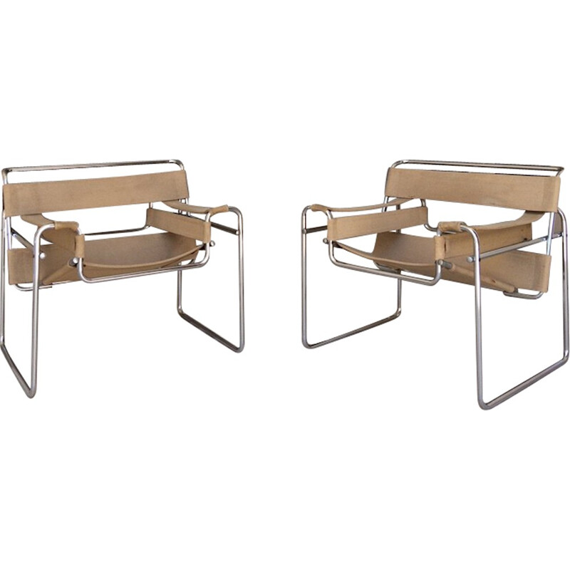 Pair of "Wassily" armchairs in tubular chromed metal and canvas, Marcel BREUER - 1970s